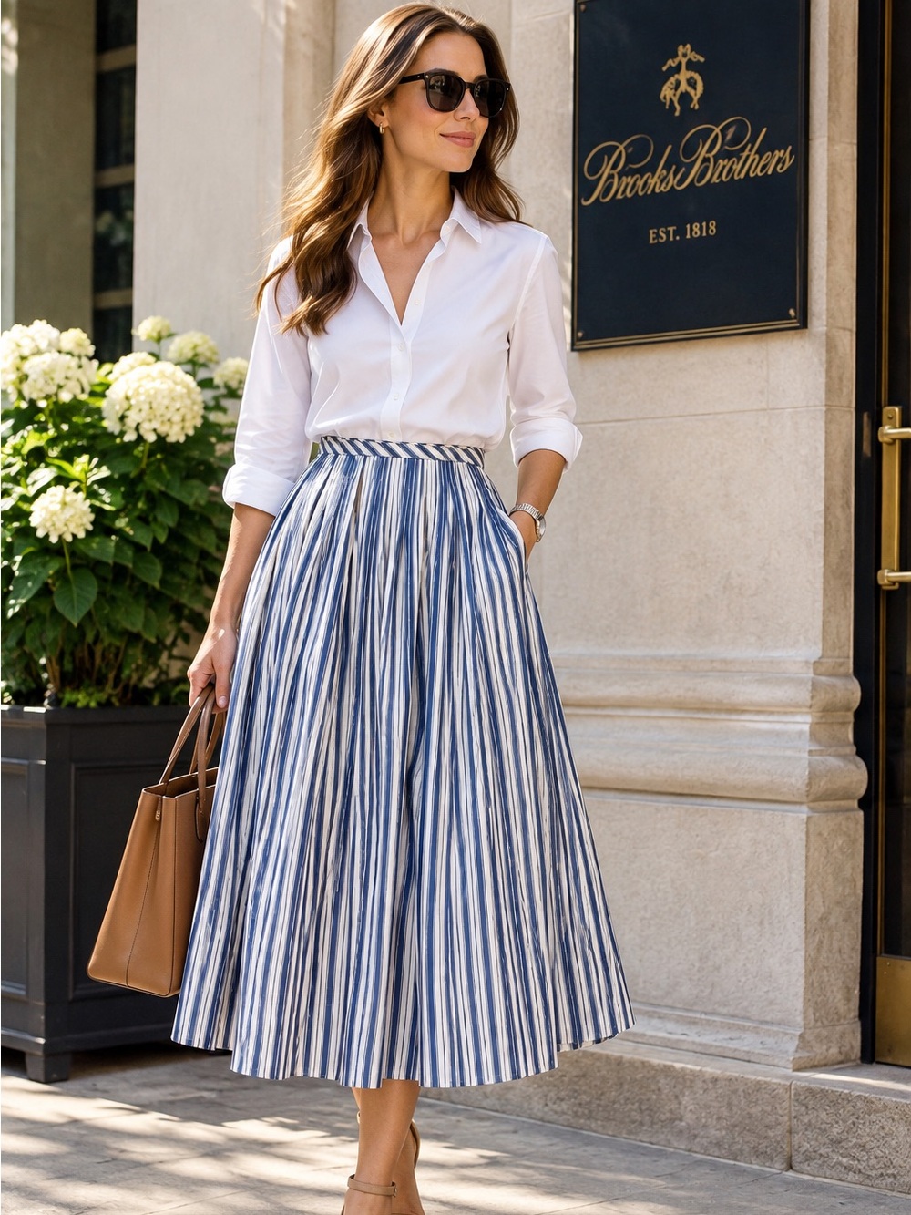 Brooks Brothers Blue & White Striped A-Line Midi Skirt Size 8 NWT 100% Cotton